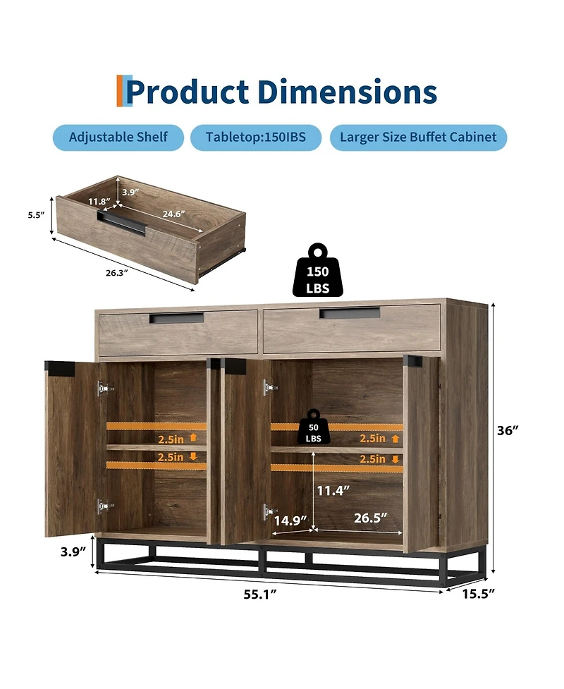 homfan Sideboard Buffet Cabinet with Storage 55" Accent Drawers and Doors for Kitchen Dining Room Living