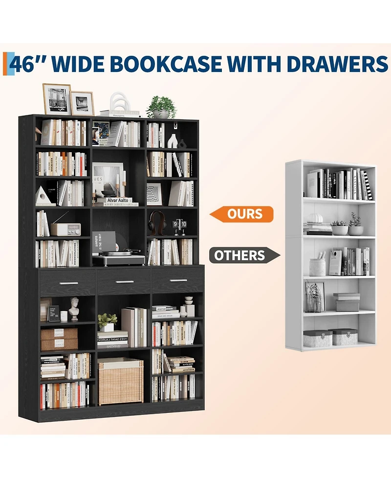 homfan 75" Tall Bookcase with Drawers, 9-Tier Adjustable Shelves, Farmhouse Wood Bookshelf for Living Room and Office