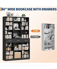 homfan 75" Tall Bookcase with Drawers, 9-Tier Adjustable Shelves, Farmhouse Wood Bookshelf for Living Room and Office