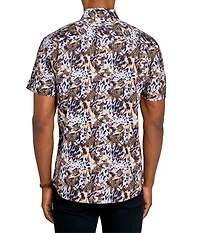 Society of Threads Men's Regular Fit 4-Way Stretch Performance Leopard Print Short Sleeve Button Down