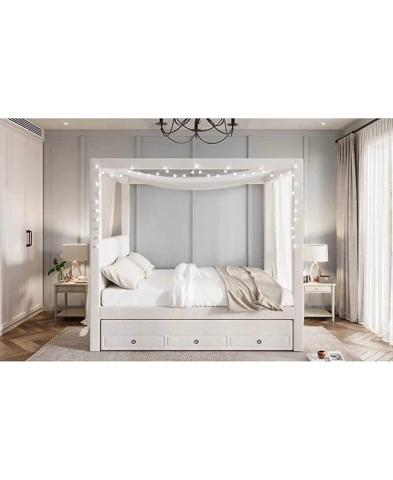 Streamdale Furniture Upholstery Canopy Platform Bed with Trundle and 3 Drawers