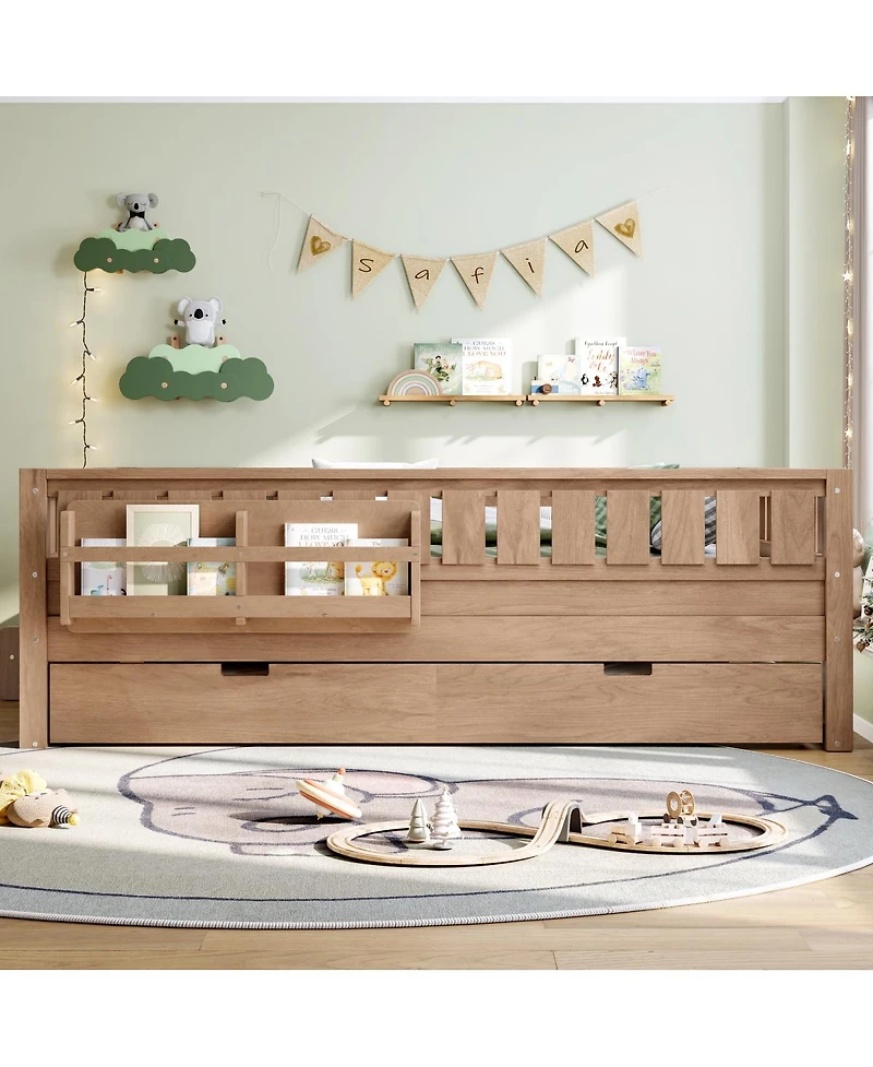 Streamdale Furniture Full Loft Bed with Bookshelves Staircase Safety Rails and Trundle