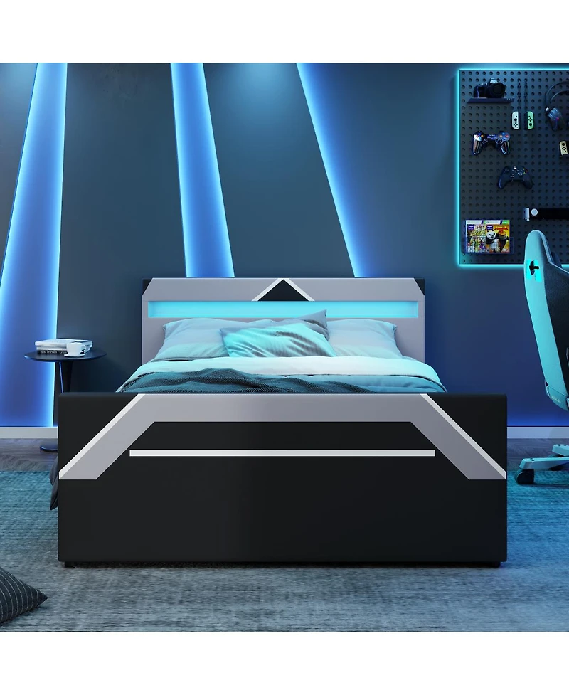 Streamdale Furniture Queen Size Led Gaming Bed with Hydraulic Storage Cyberpunk Style
