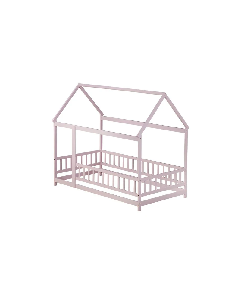 Streamdale Furniture Twin Size House Floor Wooden Bed with Roof Frame Safety Guardrails