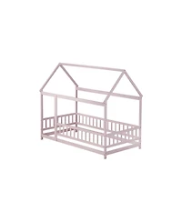 Streamdale Furniture Twin Size House Floor Wooden Bed with Roof Frame Safety Guardrails