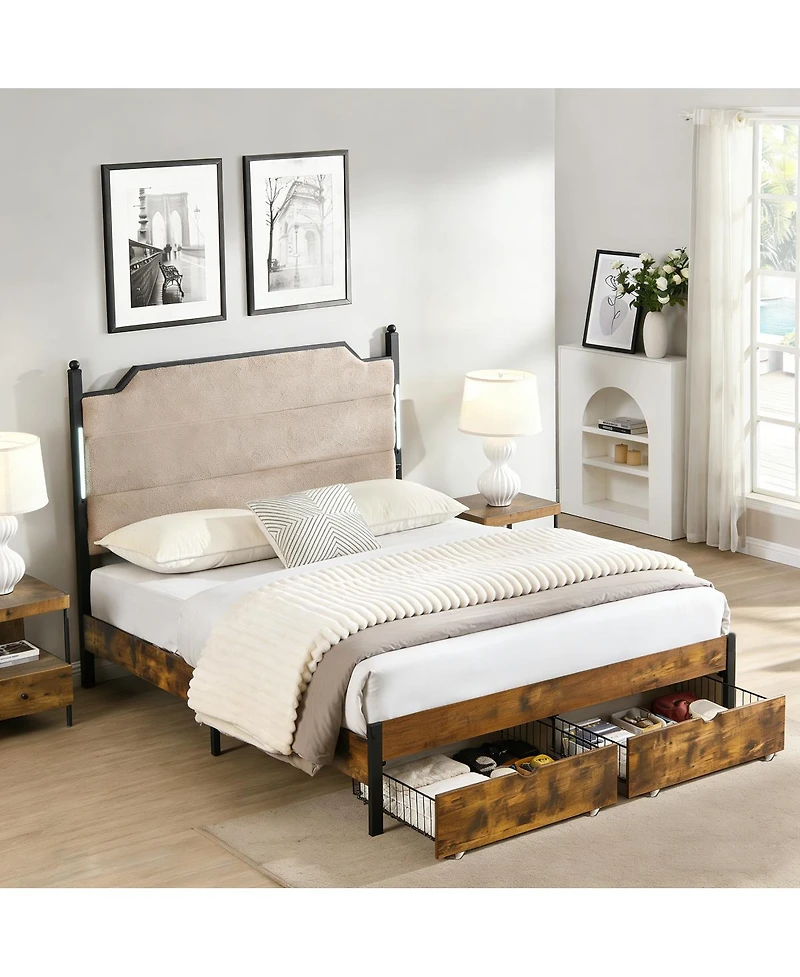 Streamdale Furniture Upholstered Bed Frame with Led Lights Charging Station and 2 Drawers