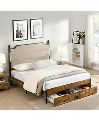 Streamdale Furniture Upholstered Bed Frame with Led Lights Charging Station and 2 Drawers