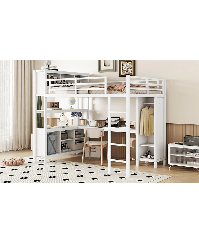 Streamdale Furniture Full Size Metal Loft Bed with Wardrobe L-Shaped Desk and Storage