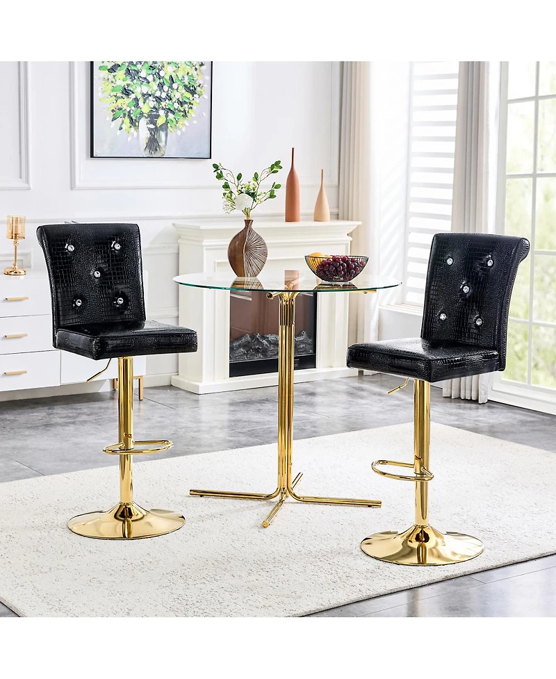 Streamdale Furniture Set of 2 Vintage Crocodile Leather Bar Chairs with Crystal Clasps