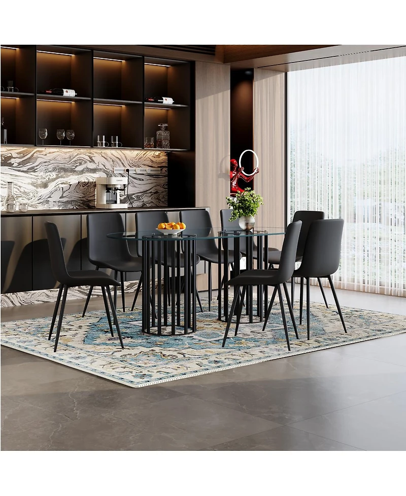Streamdale Furniture 71 inch Oval Glass Dining Table with 8 Pu Leather Chairs