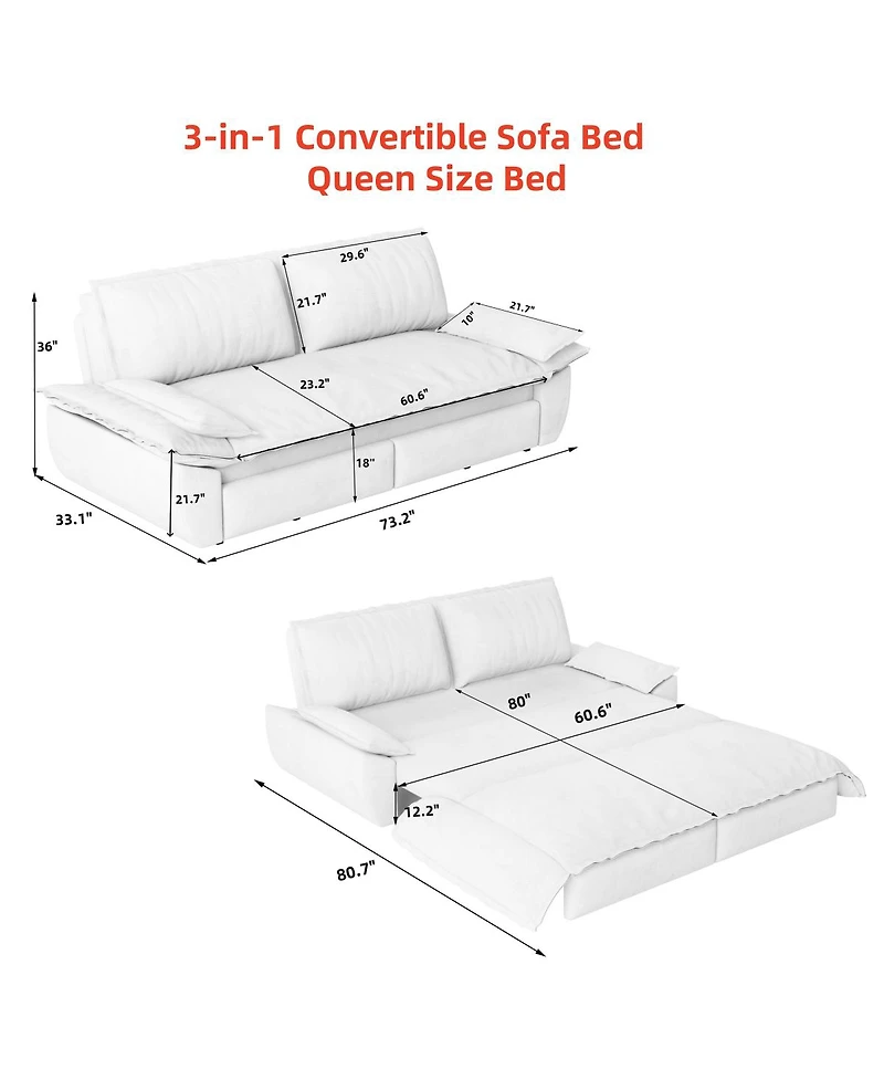 Streamdale Furniture 73.2'' 3-in-1 Convertible Queen Pull-Out Corduroy Sleeper Sofa