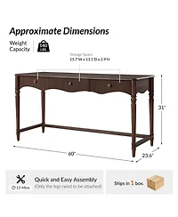 Hulala Home Polly 60''W Traditional 3 Drawers Fluted Simple Assembly Desk with Power Outlets