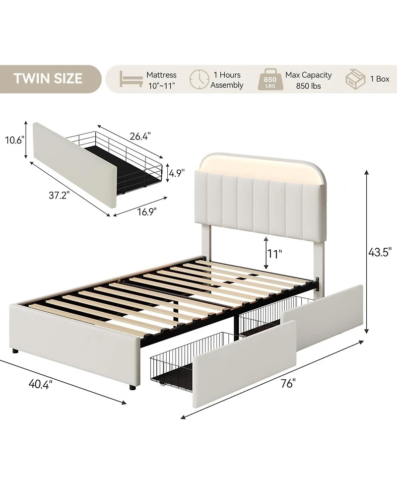 gaomon Twin Size Bed Frame with 2 Flexible Drawers, Upholstered Platform Bed Frame with Bookcase Headboard and Led Lights, Kids Bed