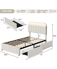 gaomon Twin Size Bed Frame with 2 Flexible Drawers, Upholstered Platform Bed Frame with Bookcase Headboard and Led Lights, Kids Bed