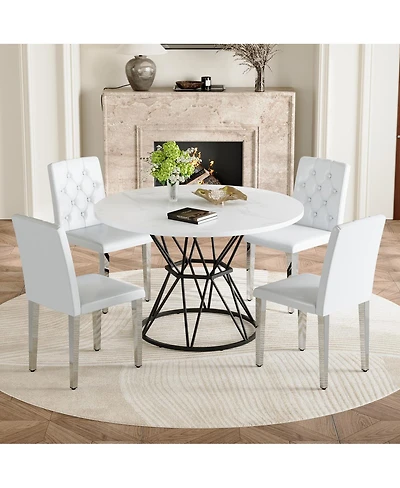 Streamdale Furniture 47.3 inch Circular Mdf Dining Table and 4 Ergonomic Pu Chairs Set