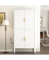 Streamdale Furniture Modern Fluted 4-Door Wine Cabinet with Glass Display and Stemware Rack