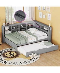 Streamdale Furniture Wooden Daybed with Twin Trundle Storage Shelf and Usb Ports