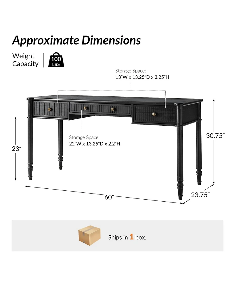 Hulala Home Antoinette 60''W Transitional Fluted Simple Assembly Desk with Charging Station