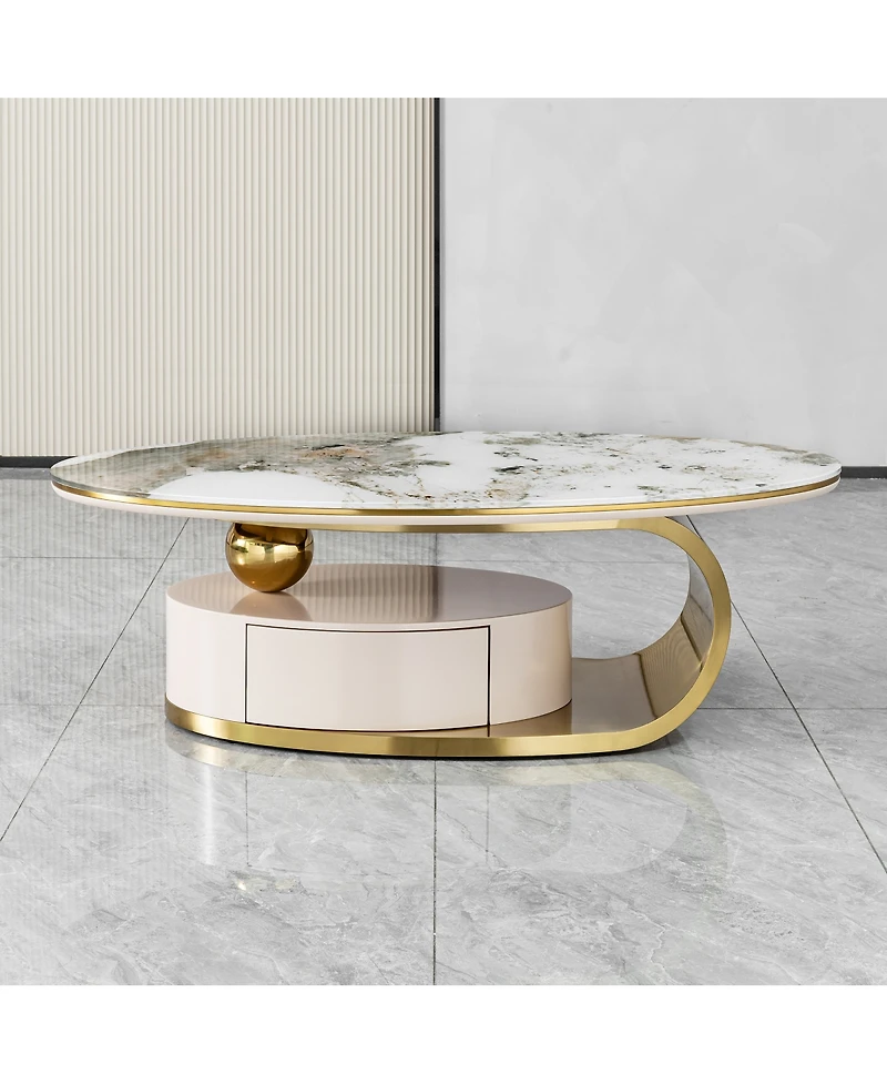 Streamdale Furniture 51.18'' Luxury Oval Coffee Table with Drawer Glass Top and Gold Stainless Frame
