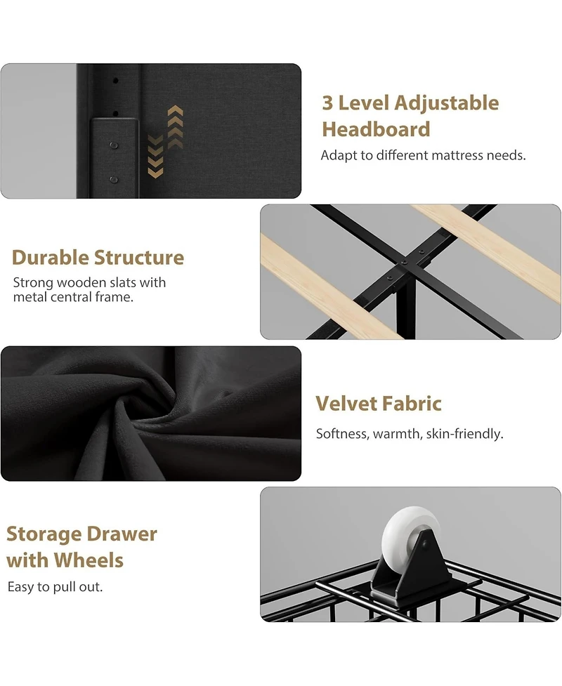 gaomon Upholstered Led Bed Frame with Storage Drawer and Adjustable Headboard, Velvet Princess Platform Bed