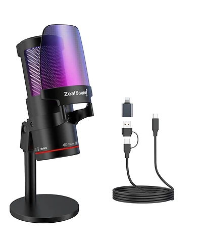 ZealSound Usb Condenser Microphone with Noise Cancellation, Touch Mute, Rgb Light and Volume Control for Streaming, Gaming and Podcasting