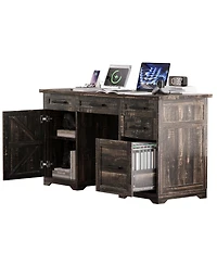 Streamdale Furniture 55'' Farmhouse Executive Desk with Charging Station 5 Drawers and Cabinet