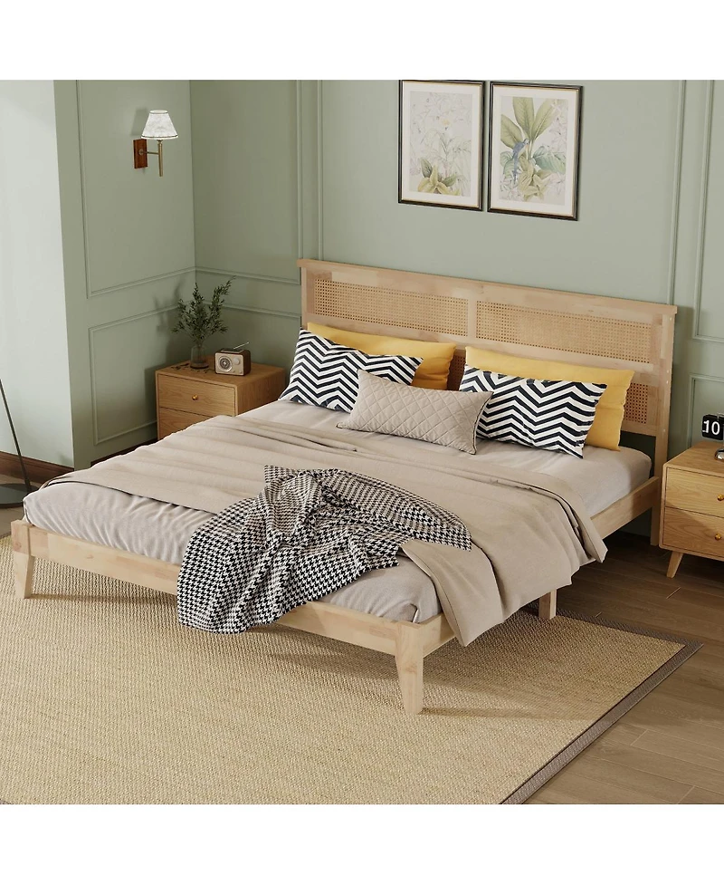 Streamdale Furniture King Size Solid Wood Bed with Rattan Headboard and Central Support