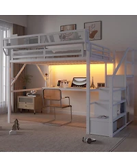 Streamdale Furniture Queen Metal Loft Bed with Desk Charging Station and Stairs