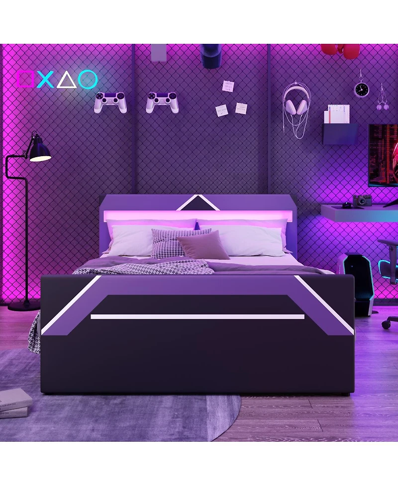 Streamdale Furniture Queen Size Led Gaming Bed with Hydraulic Storage