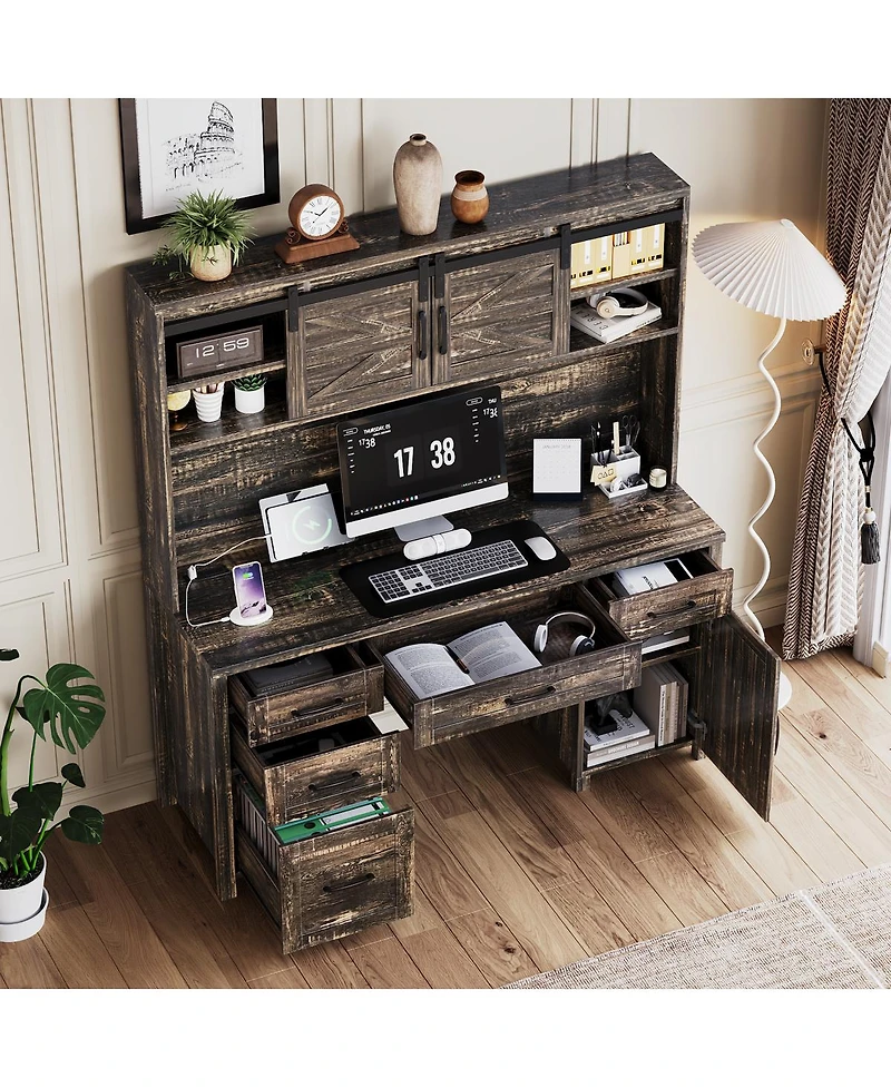 Streamdale Furniture Farmhouse Executive Desk with Hutch Charging Station and Barn Door Storage