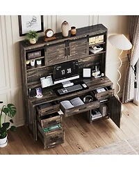 Streamdale Furniture Farmhouse Executive Desk with Hutch Charging Station and Barn Door Storage
