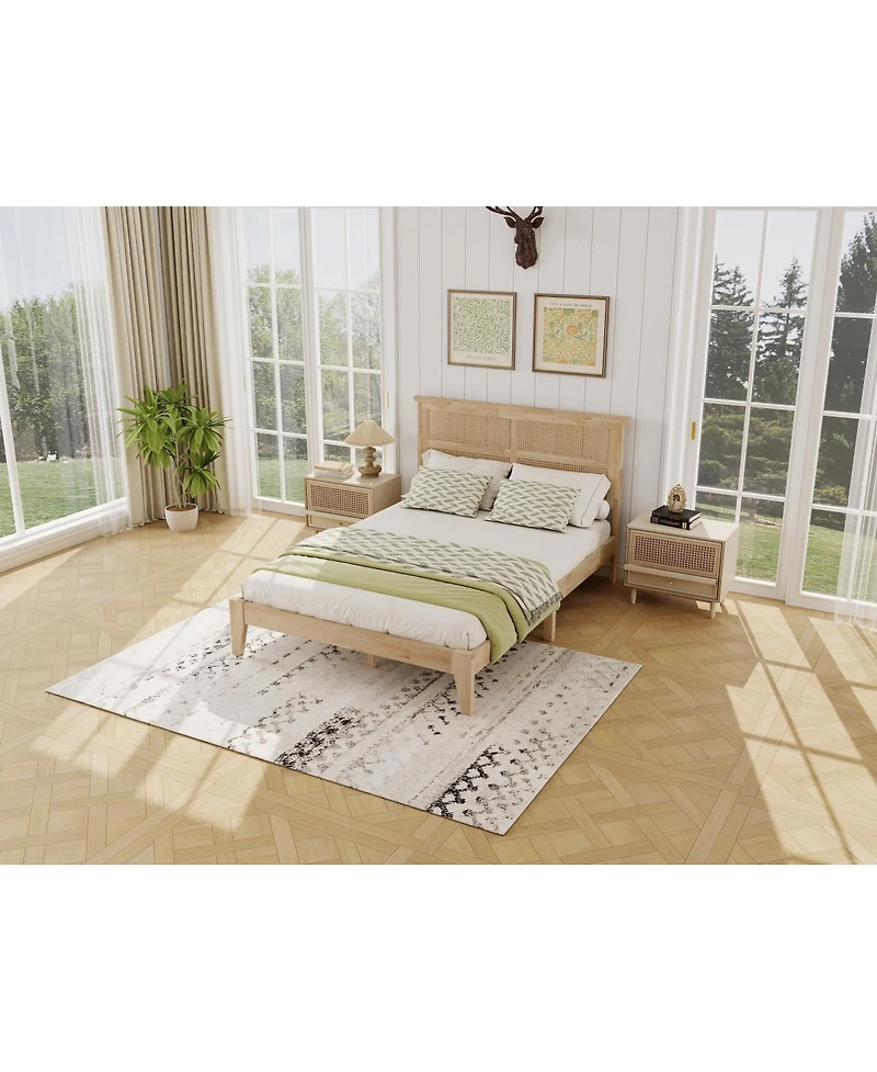 Streamdale Furniture Solid Wood Full Bed with Rattan Headboard and Central Support