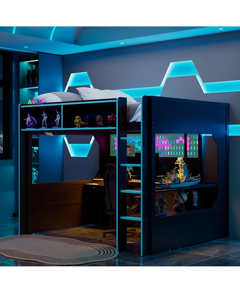 Streamdale Furniture Gaming Loft Bed with Desk Lights and Charging Station