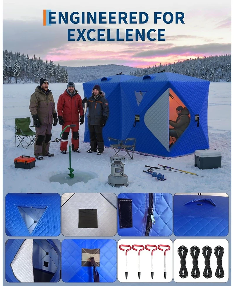 gaomon Insulated Pop-Up Ice Fishing Tent Shelter, 6-8 Person Portable Hub-Style Cabin Shanty, 60-Second Instant Setup, Windproof Thermal