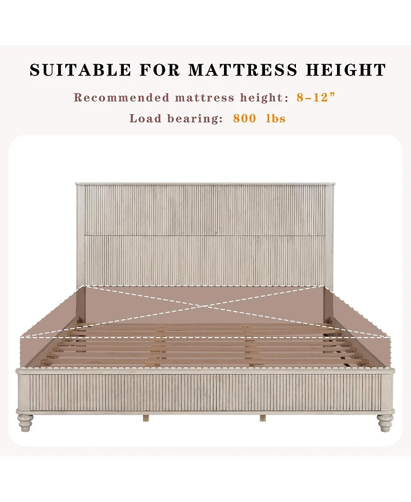 Streamdale Furniture Solid Wood King Platform Bed Frame with Tall Headboard No Box Spring Needed