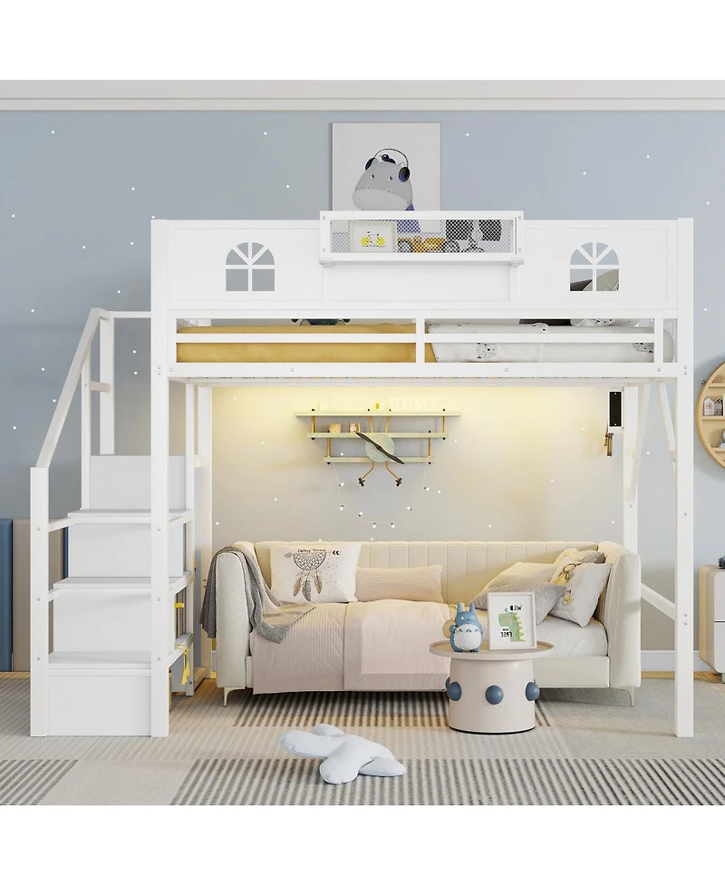 Streamdale Furniture Full Size Metal Loft Bed with Stairs Wardrobe and House-Shaped Guardrails