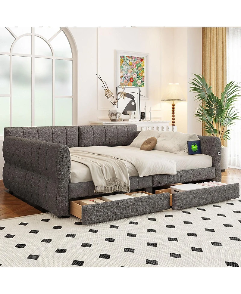 Streamdale Furniture Upholstered Platform Bed with Usb and 2 Drawers