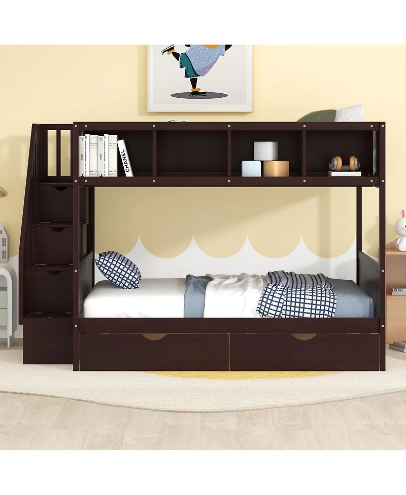 Streamdale Furniture Twin over Full Bunk Bed with Shelfs Storage Staircase and 2 Drawers Espresso
