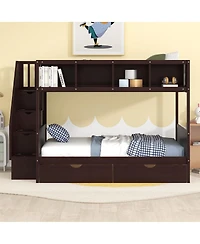 Streamdale Furniture Twin over Full Bunk Bed with Shelfs Storage Staircase and 2 Drawers Espresso