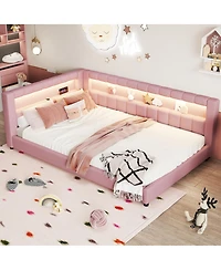 Streamdale Furniture Upholstered Full Xl Size Platform Bed with Usb Ports and Led Belt