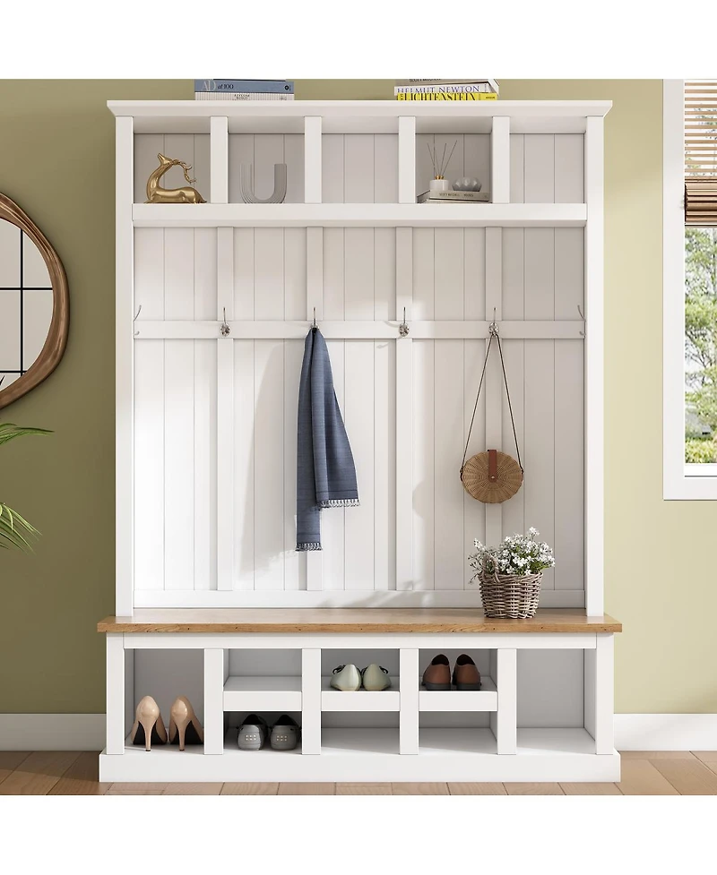 Streamdale Furniture Farmhouse Hall Tree with Storage Bench Shoe Cabinet and 6 Coat Hooks