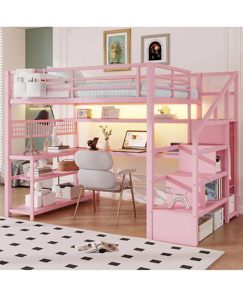 Streamdale Furniture Full Size Metal Loft Bed with Staircase Desk Wardrobe and Led Lights