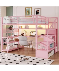 Streamdale Furniture Full Size Metal Loft Bed with Staircase Desk Wardrobe and Led Lights