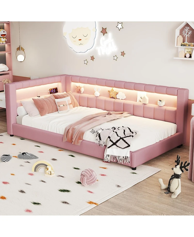 Streamdale Furniture Upholstered Twin Xl Size Platform Bed with Usb Ports and Led Belt