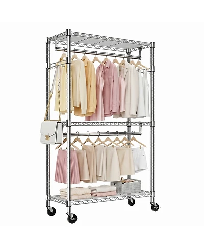 Streamdale Furniture Heavy Duty 3-Tier Rolling Garment Rack with Adjustable Shelves and Hooks