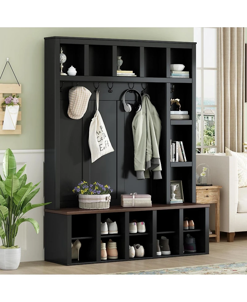 Streamdale Furniture Farmhouse 4-in-1 Hall Tree with Storage Bench and 6 Hooks 76.7''H