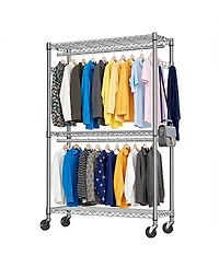 Streamdale Furniture Heavy Duty 3-Tier Rolling Garment Rack with 2 Rods and Side Hooks