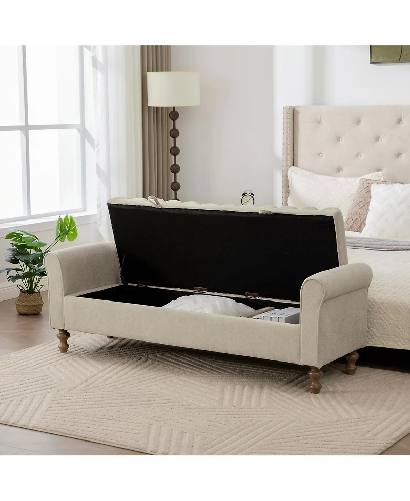 Streamdale Furniture Modern Upholstered Storage Bench with Rolled Arms Greige