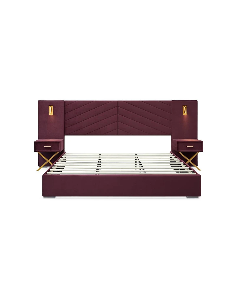 Streamdale Furniture Queen Size Velvet Wingback Platform Bed with Vertical Channel Tufted Headboard