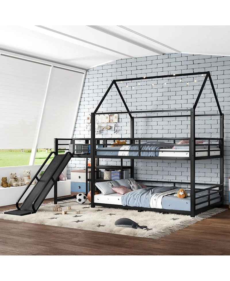 Streamdale Furniture Full Metal House Bunk Bed with Storage Stairs Slide Safety Rails